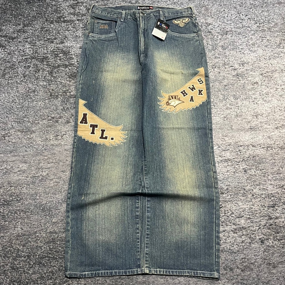 Vintage UNK Denim Jeans Atlanta Hawks 38x34 Blue Baggy Wide Leg‎ Y2K 2000s